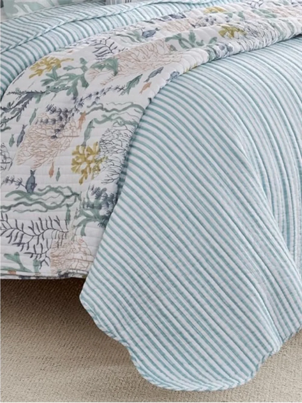 🆕 PB Style Blue & White Striped Cotton Quilt Coverlet Scalloped Trim Set NWT